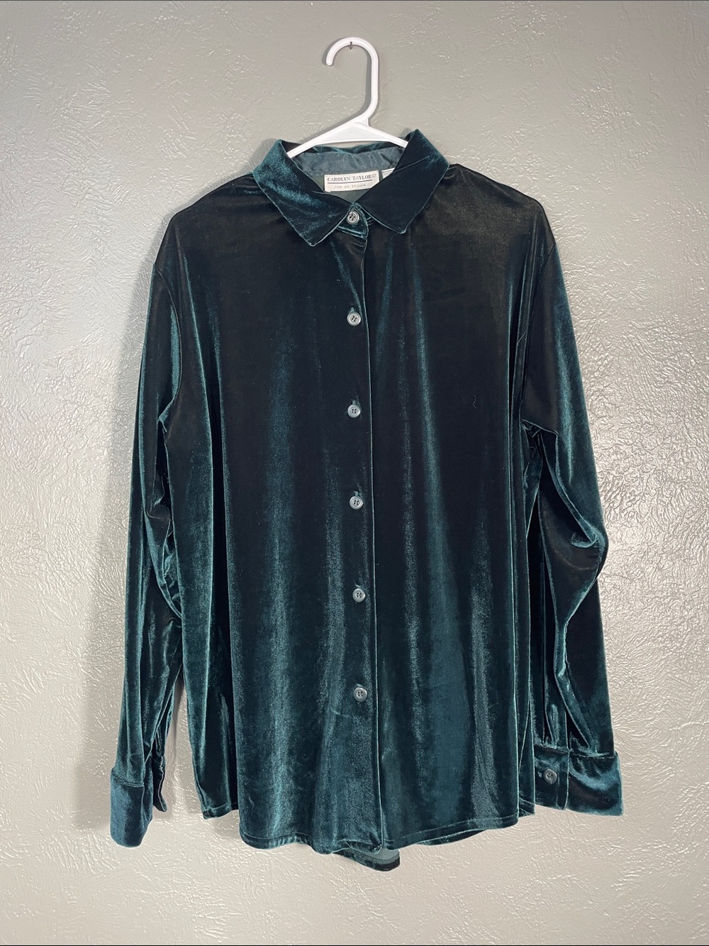 Carolyn Taylor Velour Button Front Shirt Teal Long Sleeve Stretch Blouse L